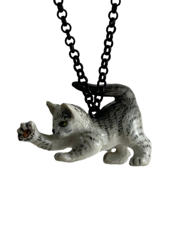 Handmade Jewelry - Handmade Miniature Ceramic Playful Gray Striped Kitten Cat Pendant Necklace